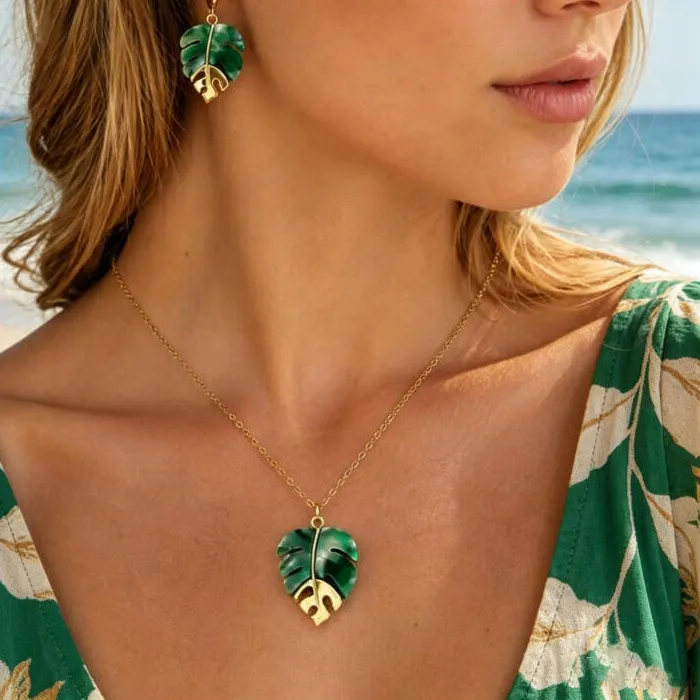 Authentic 3Pcs Monstera Leaf Necklace & Earring Set, Tropical Vacation Jewelry with Delicate Leaf Charms, Ideal for Travel Holiday Outfits