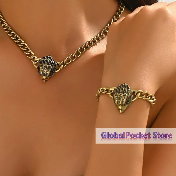 Authentic 2PCS Punk Eagle Head Jewelry Set Antique Gold Statement Jewelry for Women Street Club Party Outfit