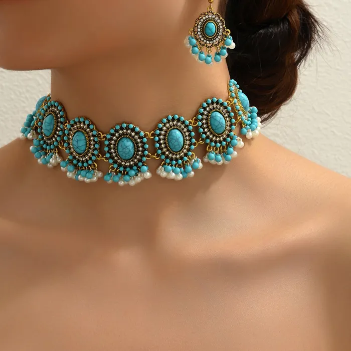 Authentic Vintage Jewelry Set Ethnic Inlaid Turquoise Stone Match Daily Outfits Party Accessories Women's Necklace Earrings Sets