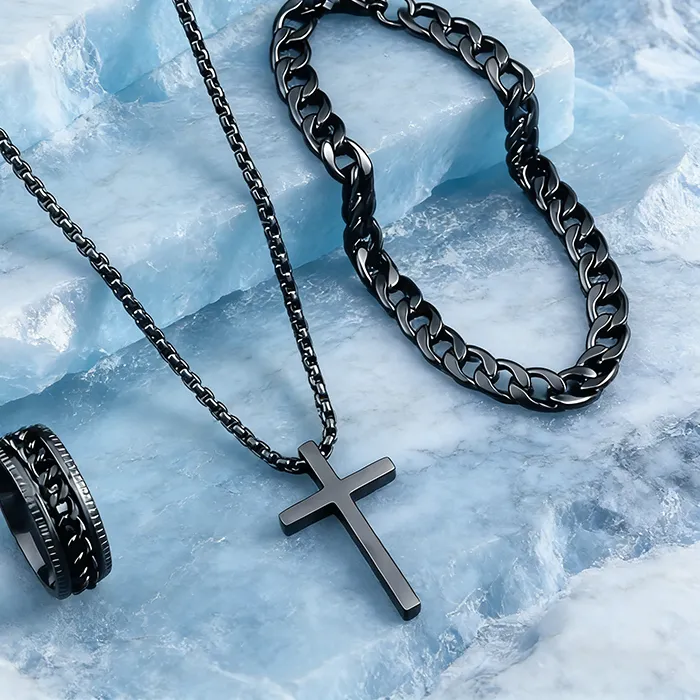Authentic 3pcs Trendy Jewelry Set for Man Cross Necklace Black Choker Chain Ring Bracelet Daily Outfits Men Cuban Black Ring Jewelry