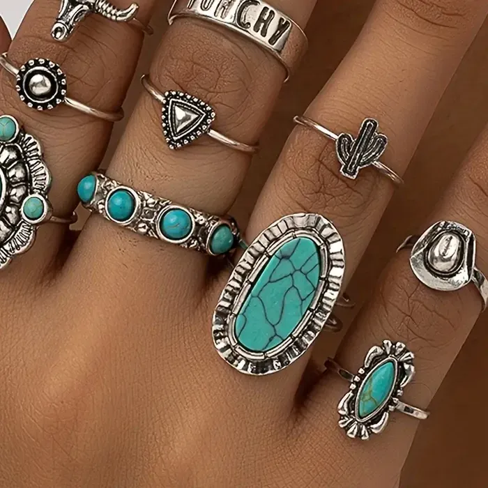Authentic 10Pcs Western Style Rings Turquoise Bull Head Lotus Sun Design Ring Daily Outfits Jewelry