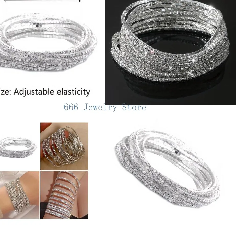Authentic F2TD Set of 12 Silver Crystals Glittering Stackable Bridal Bracelets Stretchy Rhinestones Jewelry Accessory Stylish Outfits
