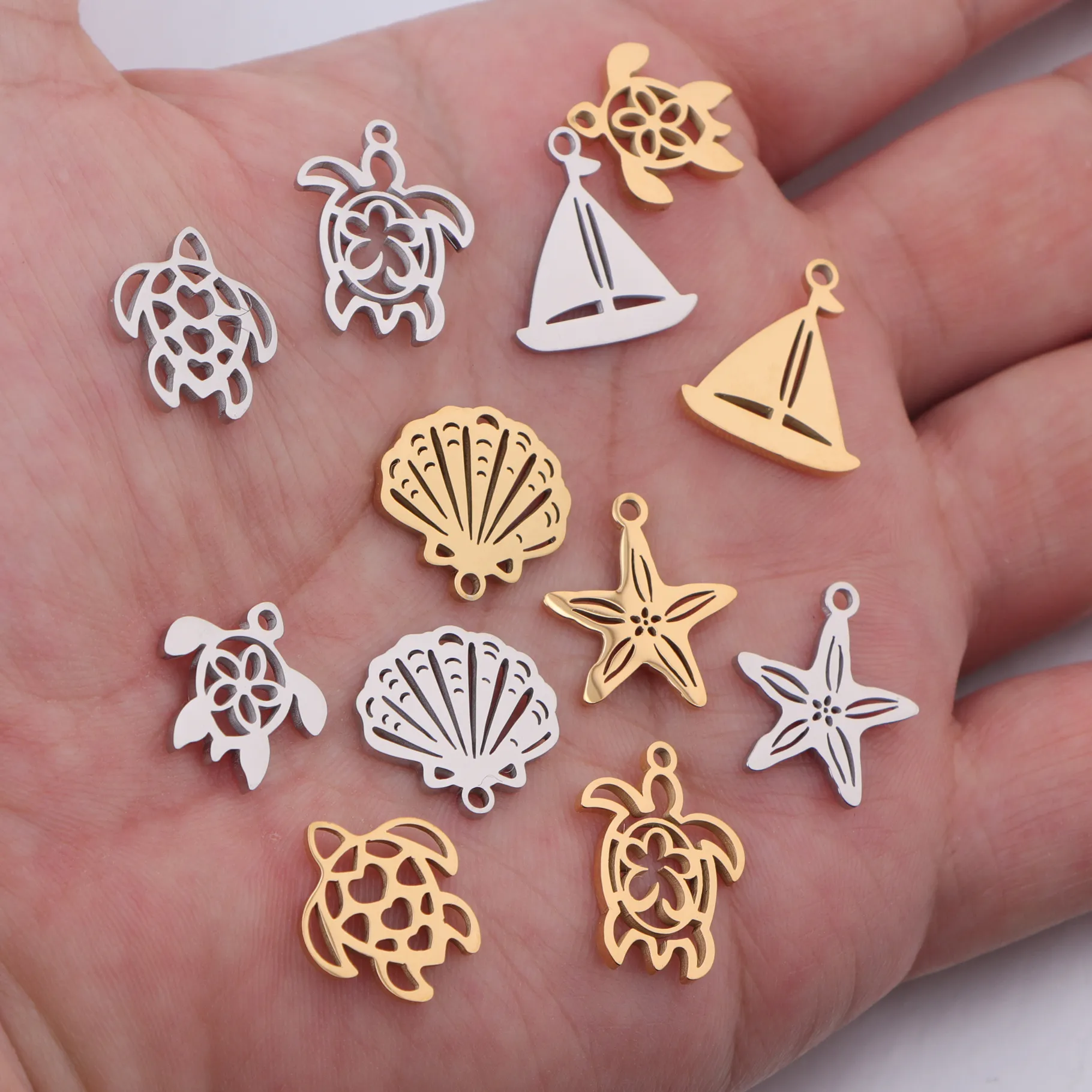 Authentic 5Pcs Mirror Polished Turtle Shell Starfish Sailboat Tortoise Charms Pendants For Diy Jewelry Making