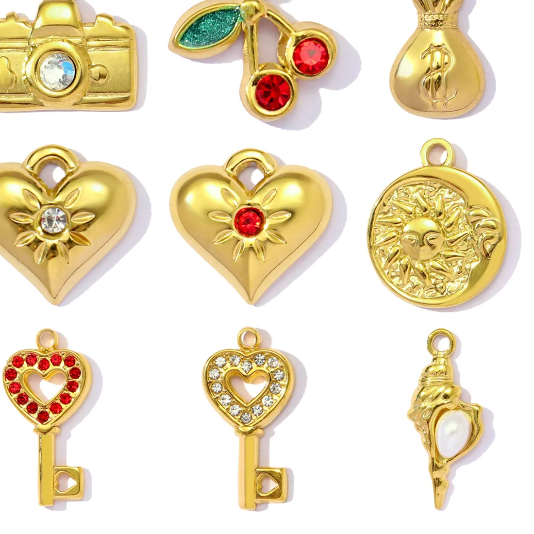 Authentic 3Pcs Rhinestone Camera Heart Key Conch Cherry Charms Diy Jewelry Bracelet Pendants