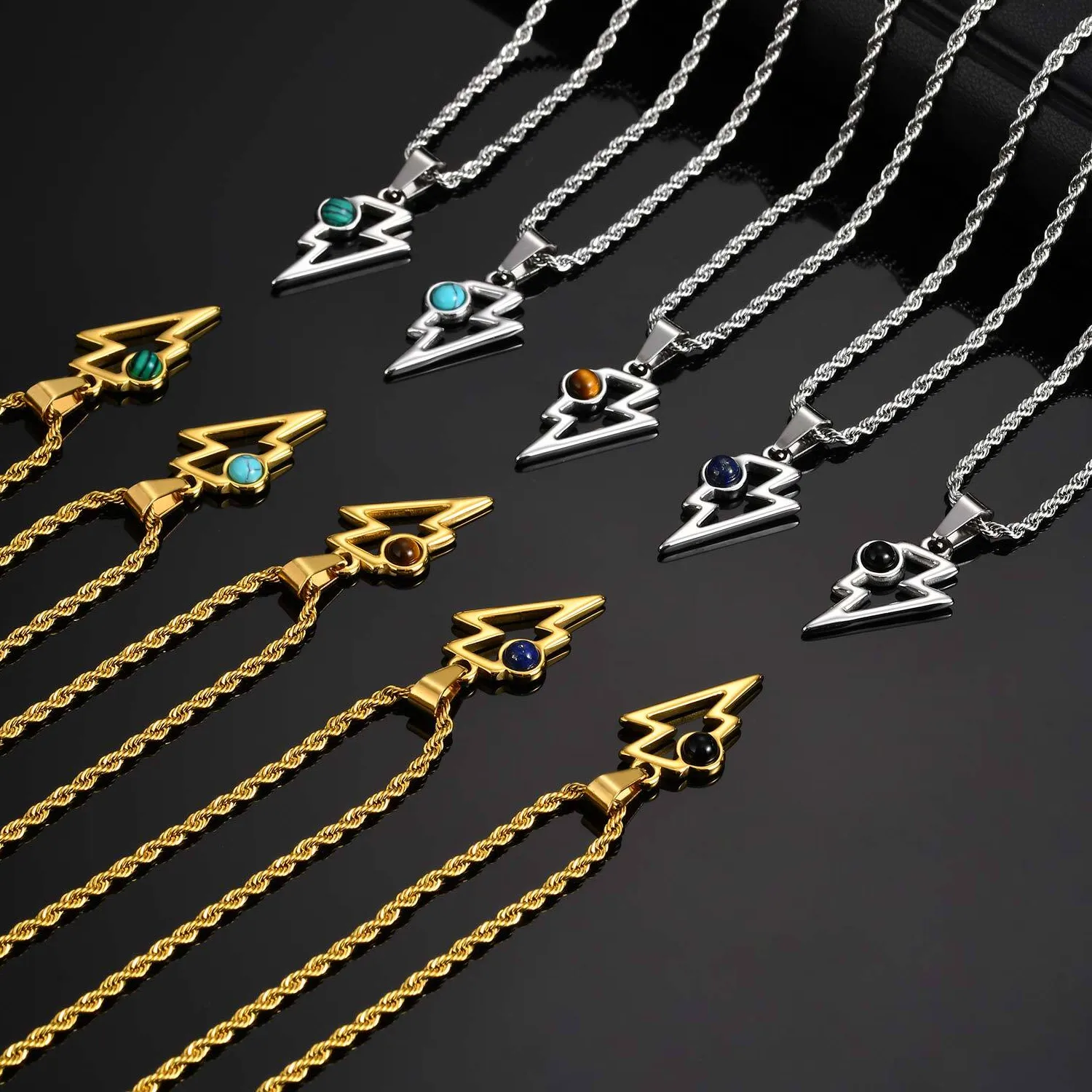 Authentic Vnox Lightning Pendant Necklace with Natural Stone 13x23mm for Men Women Punk Rock Jewelry Gifts Birthday Casual