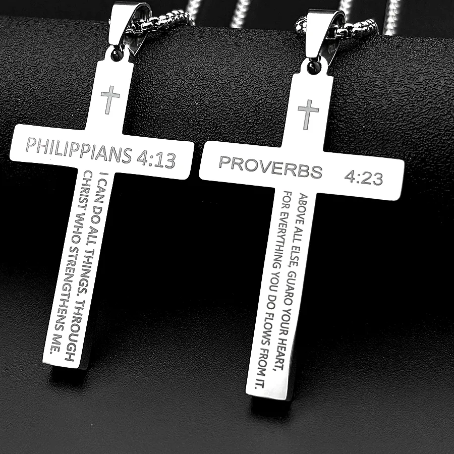 Authentic Christian Bible Verse Philippians 4:13 Proverbs 4:23 Cross Pendant Necklace Silver Color Prayer Chain Jewelry