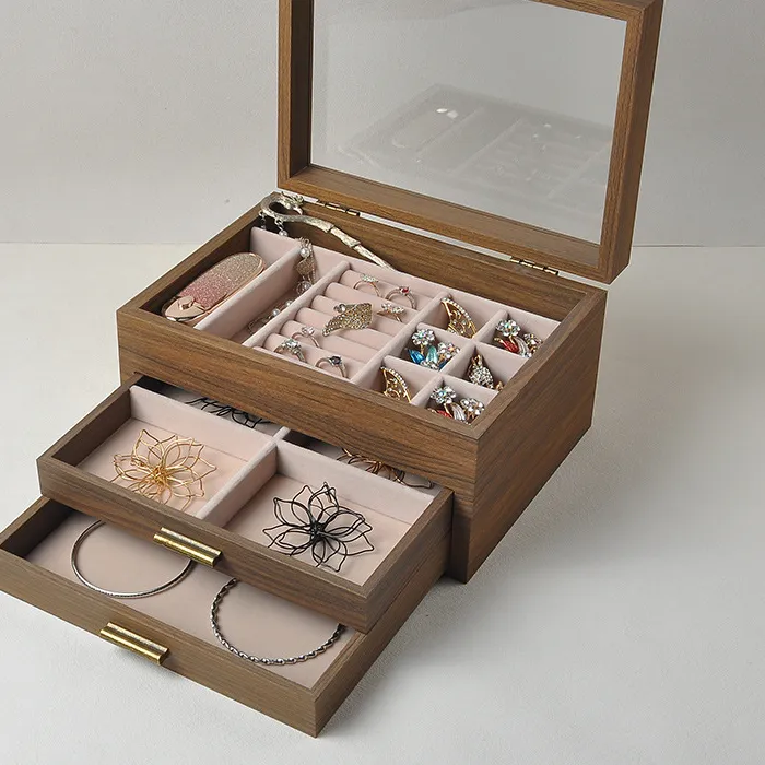 Authentic 3 Drawer Walnut Grain Jewelry Display Box With Clear Window Jewelry Storage Organizer For Earrings Rings Necklaces Bracelets