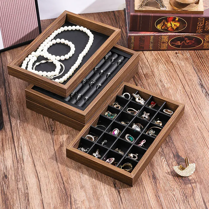 Authentic Jewelry Organizer Retro Walnut Wood Grain Ring Display Tray Tabletop Multipurpose Earrings Necklace Bracelet Chain Storage Plate