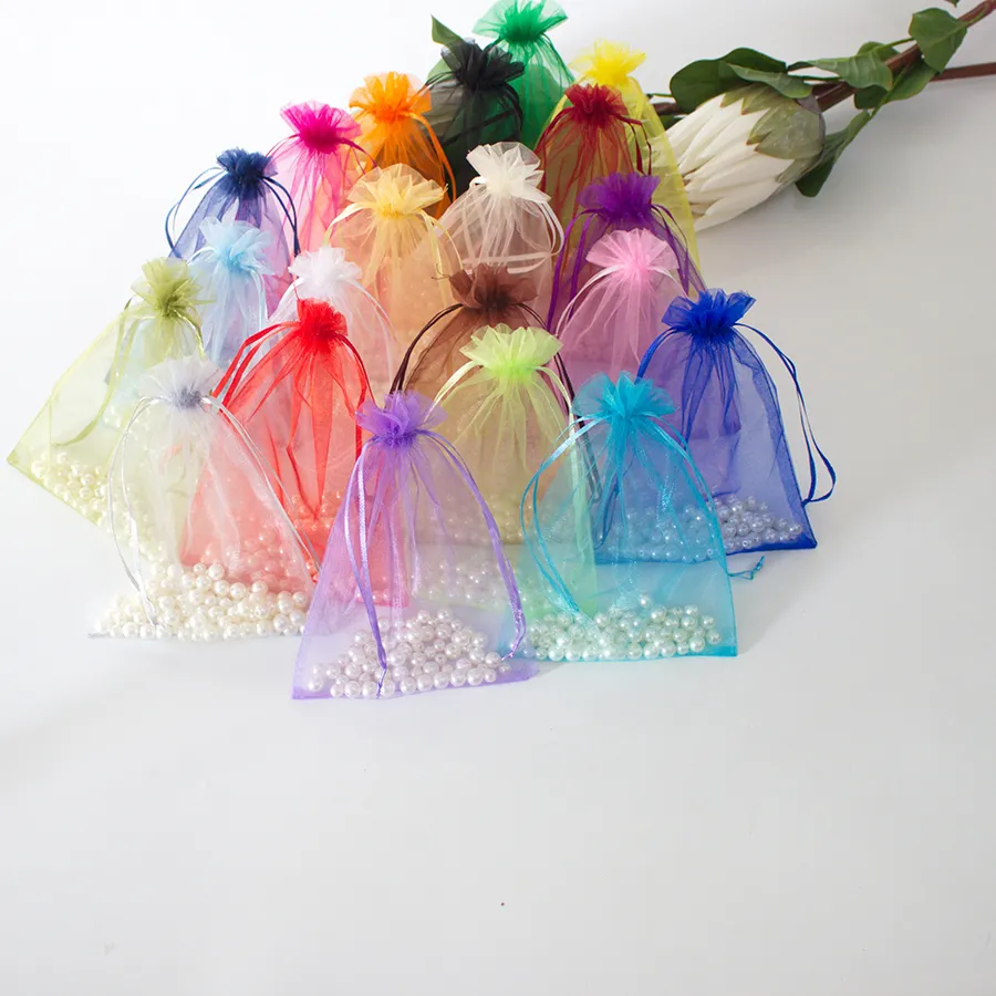 Authentic 100pcs 5×7 7×9 9×12 10×15 13×18 15×20cm multi-color random 10 color jewelry holiday gauze bags organza pouches