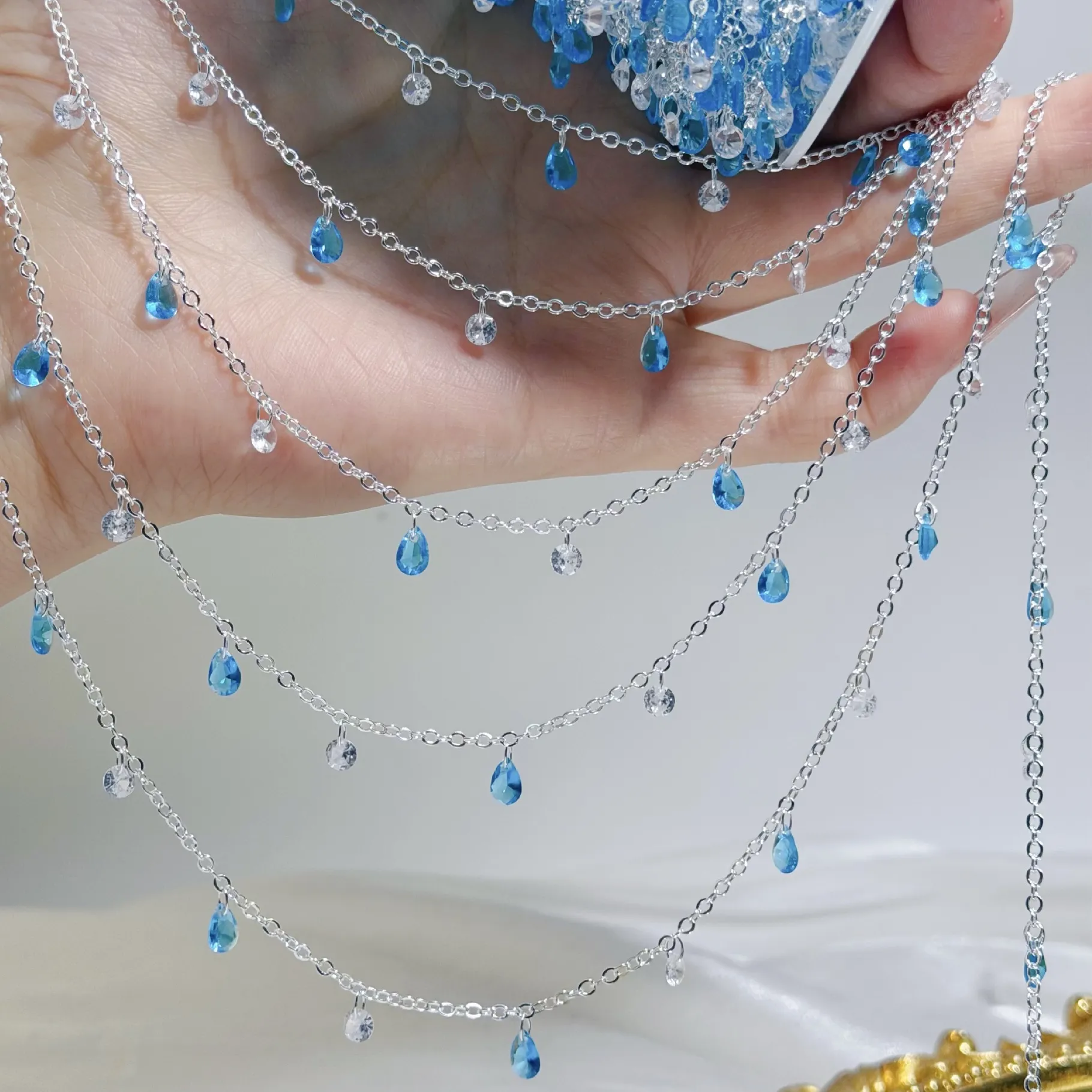 Authentic 0.51/2 M Summer Blue Clear Crystal Drop Beading Chains Plating Chains For DIY Necklace Bracelet Anklet Making Accessories