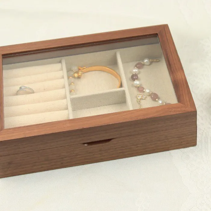Authentic Wooden Small Jewelry Box Earring Organizer Storage Boxes Portable Ring Holder Glass Cover Necklace Display Organizers Box