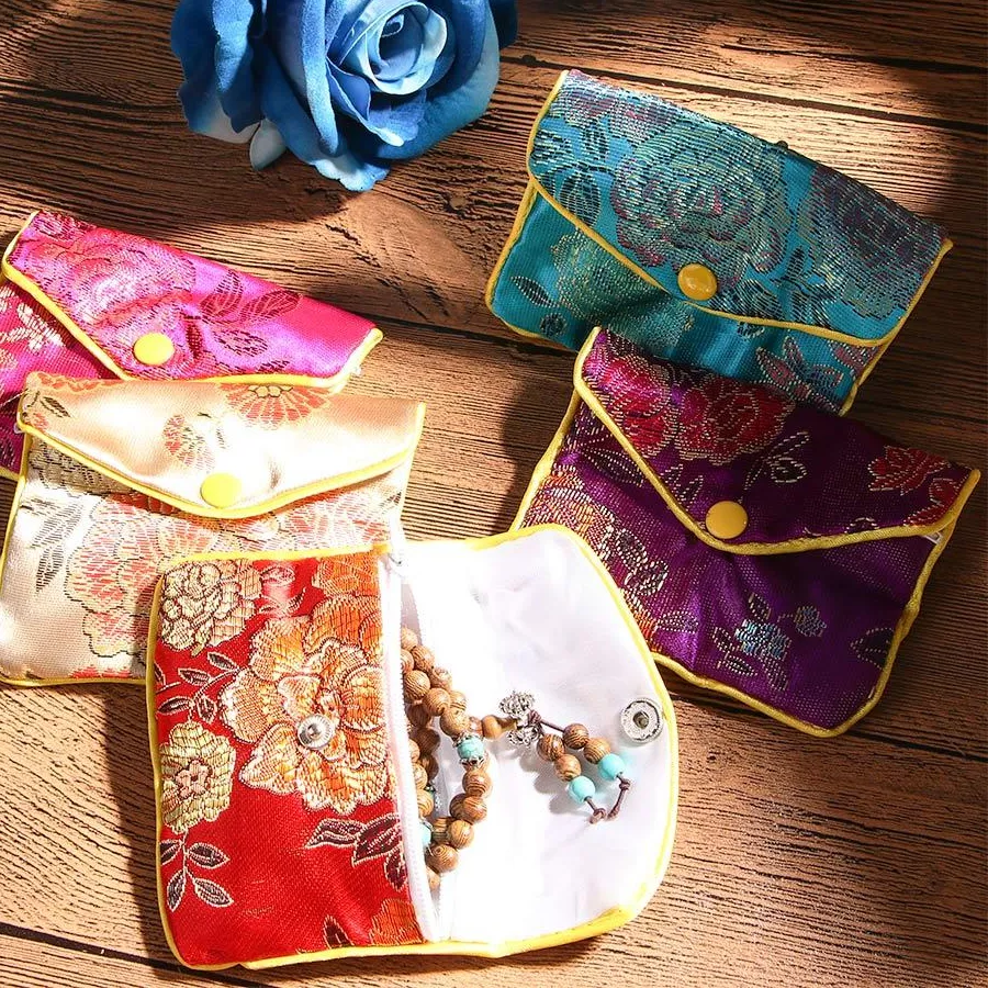 Authentic Gifts Necklace Chinese Floral Snap Coin Purse Silk Embroidery Brocade Handmade Handbags Jewelry Storage Wallet Jewelry Bag