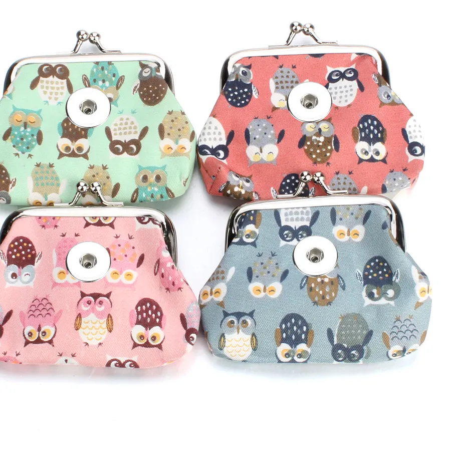 Authentic Snap Jewelry PU Leather 18MM Snap Button Owl Coin Purses Small Wallets Pouch Kids Girl Women's Money Bags ZN069