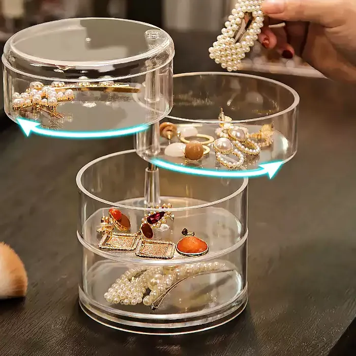 Authentic Rotating Jewelry Storage Box Makeup Storage Rack Bracelet Earring Round Plastic Organizer Boxes Holder Display Rack with Cover