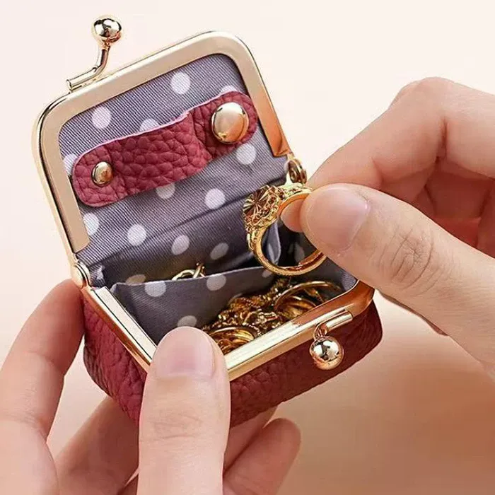 Authentic Wallet Genuine Leather Kiss Lock Coin Purse Solid Color Square Leather Jewelry Bag Multifunctional Mini Small Item Bag Earrings