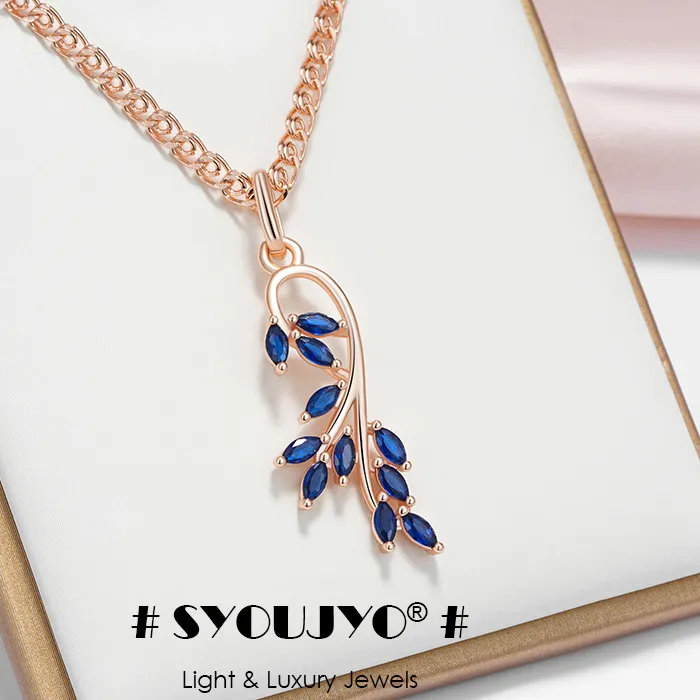Authentic SYOUJYO Blue Natural Zircon Leaf Shape Dangle Necklace For Women 585 Rose Gold Color Long Earrings Party