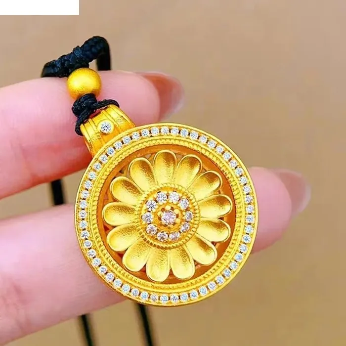 Authentic QEENKISS 24KT Gold Rotating Sun Flower Necklace Pendant For Women Fine Jewelry Wedding Party Birthday Bride Mother PT5163