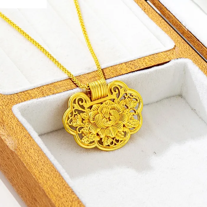 Authentic KISS&FLOWER 24KT Gold Vintage Flower Necklace Pendants For Women Wedding Party Birthday Christmas Bride Mother Girl Gifts PT5223