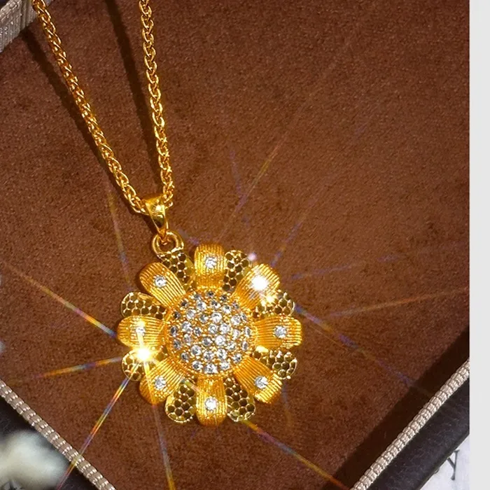 Authentic KISS&FLOWER 24KT Gold Rotating Sun Flower Necklace Pendant For Women Wedding Party Birthday Christmas Bride Girl Lady PD232