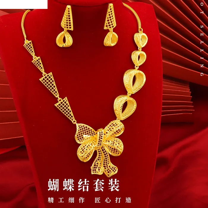 Authentic KISS&FLOWER JS31 Fine Jewelry Bride Wedding Luxury Bowknot 24KT Gold Necklace+Stud Earrings Jewelry Set