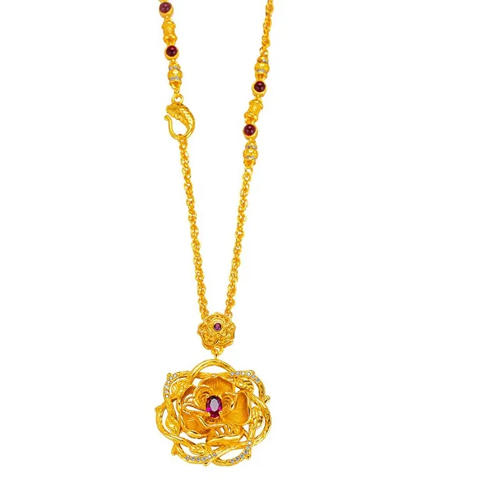Authentic QEENKISS 24KT Gold Vintage Rose Flower Necklace Pendants For Women Wedding Party Birthday Christmas Bride Mother Gifts PT5225