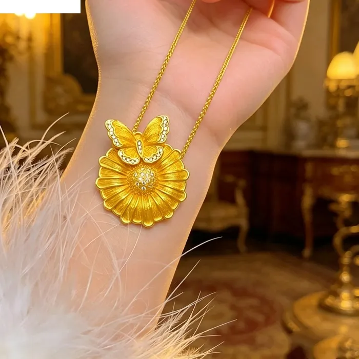 Authentic KISS&FLOWER 24KT Gold Sun Flower Butterfly Necklace Pendants For Women Wedding Party Birthday Christmas Bride Mother Gifts PD231