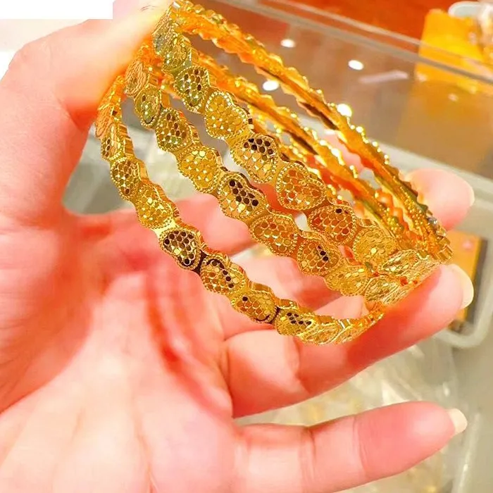 Authentic QEENKISS 24KT Gold Scale Heart Bracelet For Women Shiny Bangle Fine Jewelry Wedding Party Bride Mother Ladies Girl BT5318