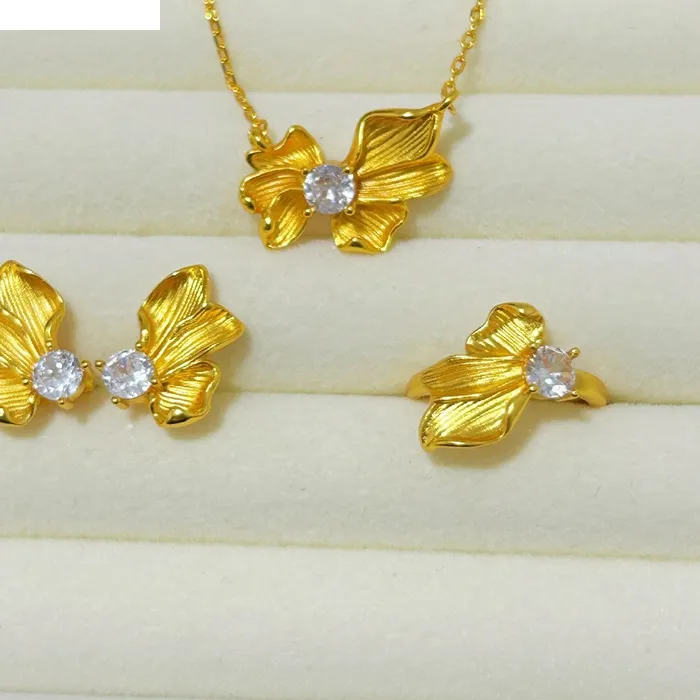 Authentic QEENKISS 24KT Gold Flower Necklace+Ring+Stud Earrings For Women Wedding Party Birthday Christmas Bride Mother Girl Gifts JS5100