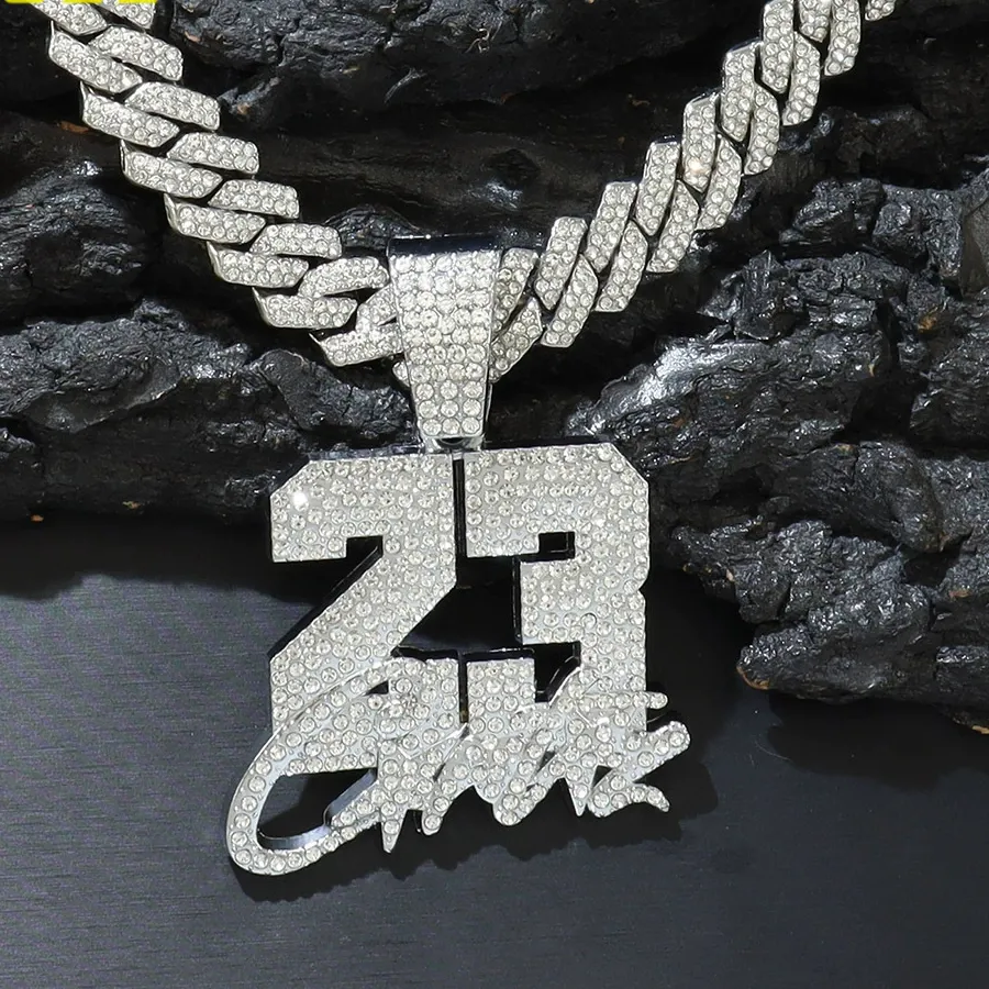 Authentic Fashionable Men Hip Hop Number 23 Pendant Necklace With 13mm Cuban Chain HipHop Iced Out Bling Necklaces Charm Jewelry