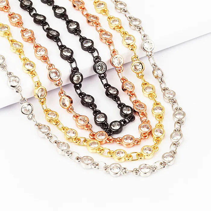 Authentic Sturdy half finished CZ chain, based, black/silver/rose gold plated for necklace and bracelet, 1 meter