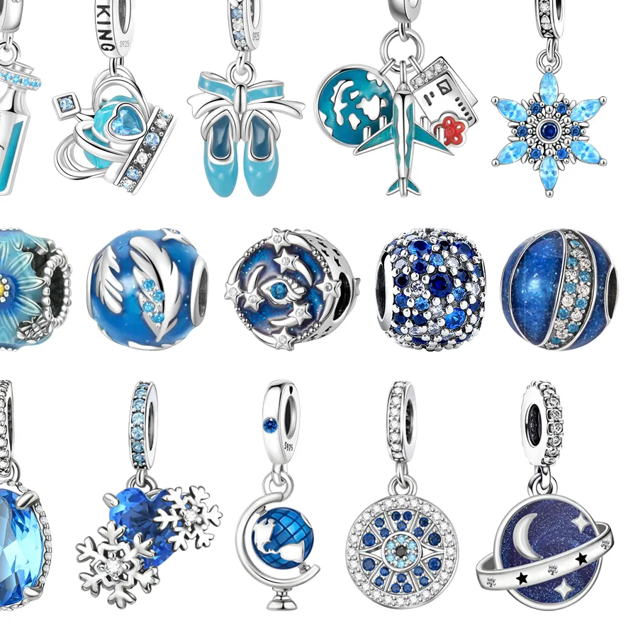 Authentic Blue Series 925 Sterling Silver Globe Snowflake Dancing Shoes Crown Charm Fit DIY Bracelet Necklace Elegant Party Gifts