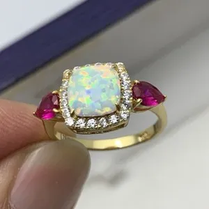 Authentic 18K Gold Plated 925 Silver Opal Pink Tourmaline 3 Stone Engagement Ring For Her