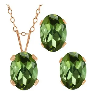 Authentic 1.70 Ct Oval Green Tourmaline 18K Rose Gold Plated Silver Pendant Earrings Set