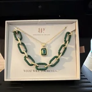 Authentic BP. Gold Plated Jewelry Set Paraiba Tourmaline Malachite Cubic Zirconia NK89264