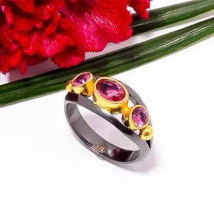 Authentic Pink Tourmaline Black & Gold Plated 925 Sterling Silver Ring s.7.5 Sku53