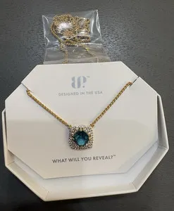 Authentic BP Gold Plated Lab Blue Paraiba Tourmaline Cushion Pavé Necklace 18" NK26717