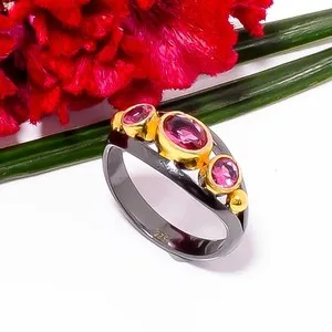 Authentic Pink Rubellite Tourmaline Black And Gold Plated 925 Sterling Silver Ring s.9 S49
