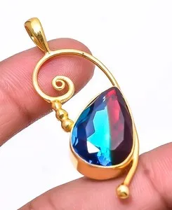Authentic Bi-Colour Tourmaline Gold Plated Gemstone 925 Sterling Silver Pendant 2.03" P51