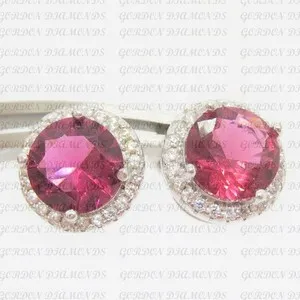Authentic 5.60Crt Round Natural Tourmaline Diamond Stud Pair Earring 18K White Gold Plated