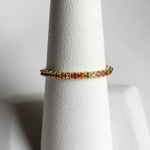 Authentic 925 Sterling Silver Dainty Natural Multicolor Tourmaline 7" Ring Gold-Plated