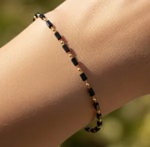 Authentic Elegant Black Tourmaline Color Beaded Bracelet 14K Gold Plated Chain