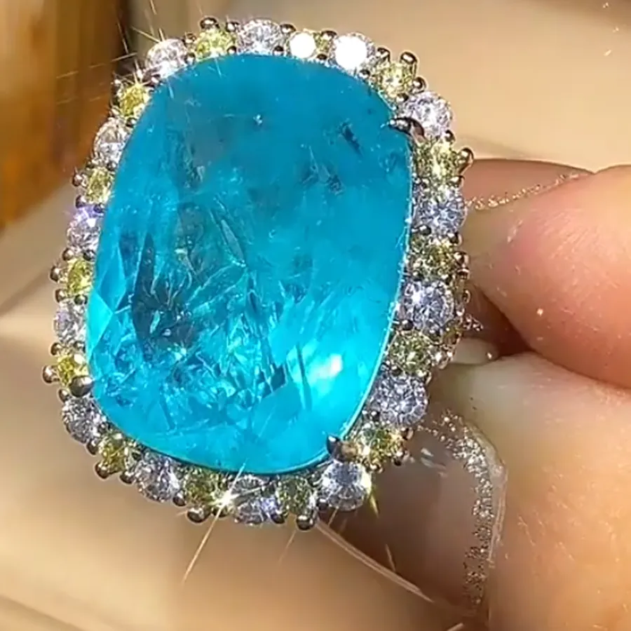 Authentic KQDANCE Women's Create Cushion Cut Gemstone Green Emerald Sapphire Paraiba Tourmaline Ring with Large Green/Blue Stone Jewelry