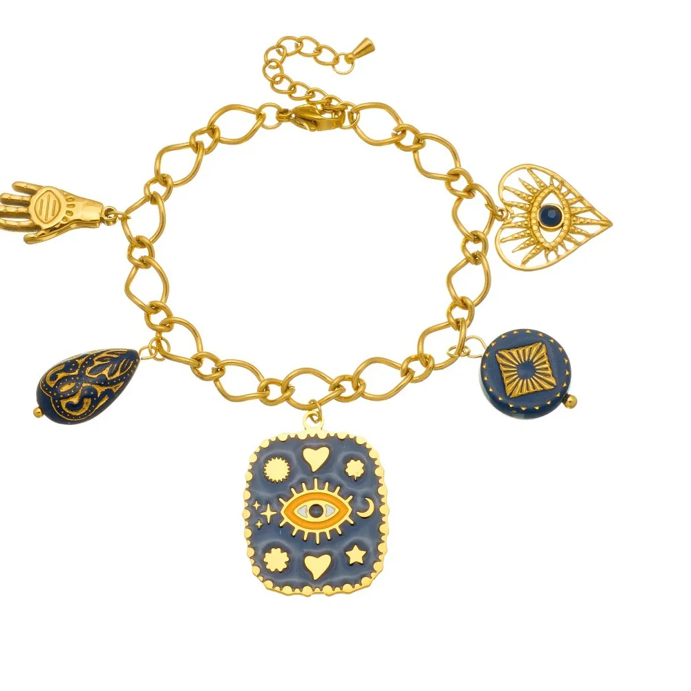 Authentic Protector's Hand: 18K Gold Plated Hamsa Hand Evil Eye Enamel Charm