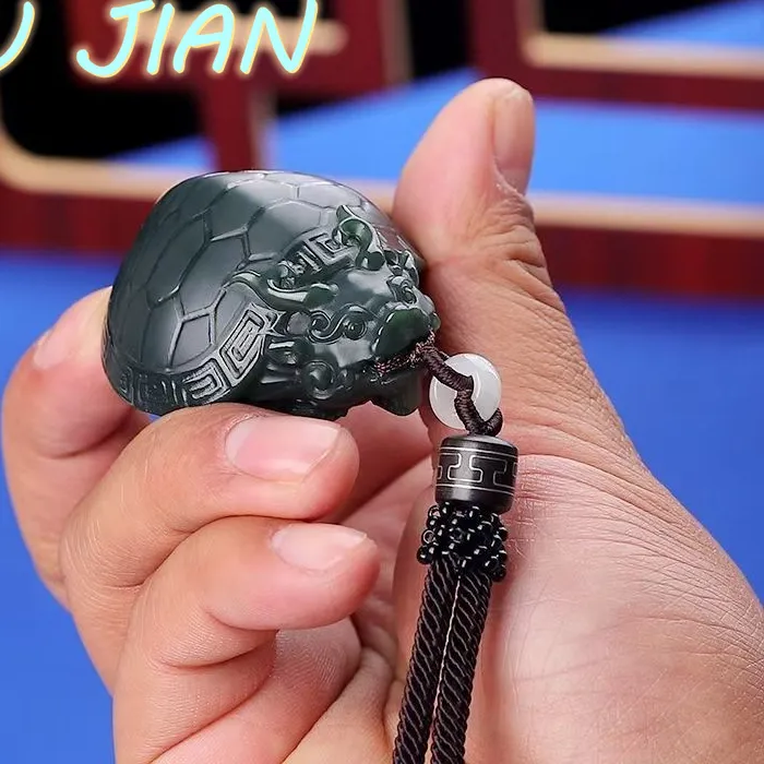Authentic Traditional Chinese Craftsmanship Hetian Jade Holy Beast Dragon Tortoise Handle Ornaments Pendant Necklace Fine Jewelry