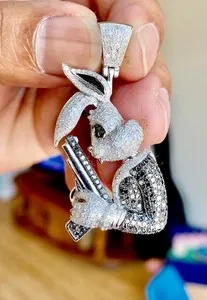 Authentic 2Ct Round Cut Real Moissanite Rabbit Animal Charm Pendant 14K White Gold Plated