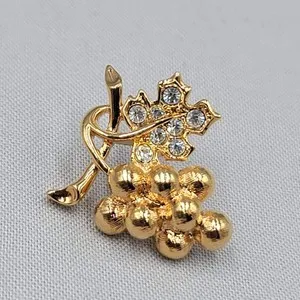 Authentic Vintage Grapes Lapel Pin Brooch Rhinestone Gold Plated