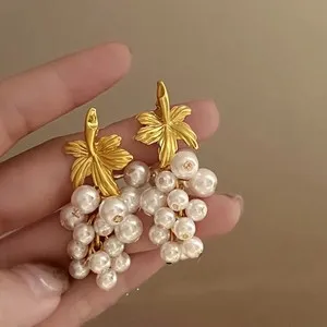 Authentic 4Ct Lab Created Pearl Drop Dangle Grapes Tassel Earrings 14K Yellow Gold Plated