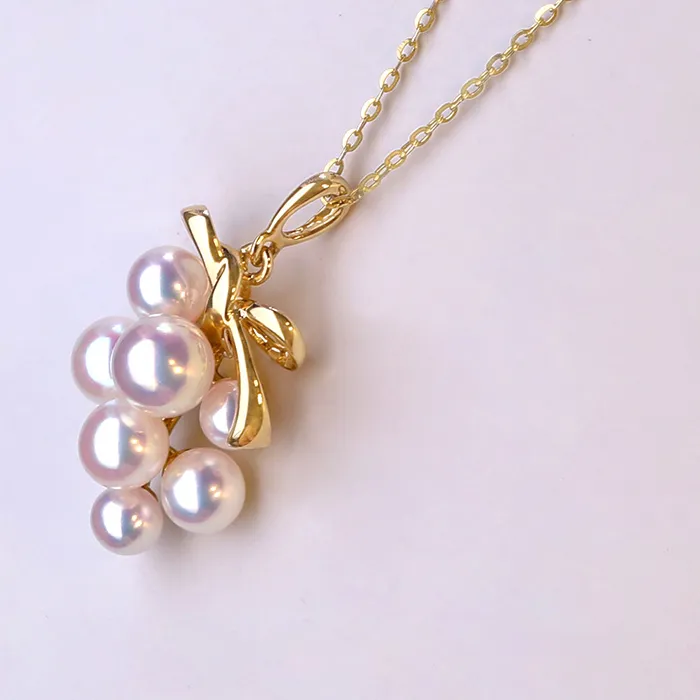 Authentic Natural Akoya Seawater Pearl Pendant Necklace - 18K Gold Mini Grape Cluster Drop Jewelry（Free Silver Chain）