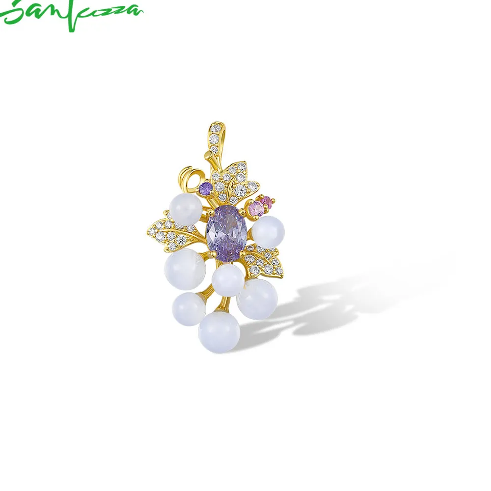 Authentic SANTUZZA Pure 925 Sterling Silver Pendant for Women Sparkling Blue Lace Agate Purple Grape Delicate Birthday Gifts Fine Jewelry