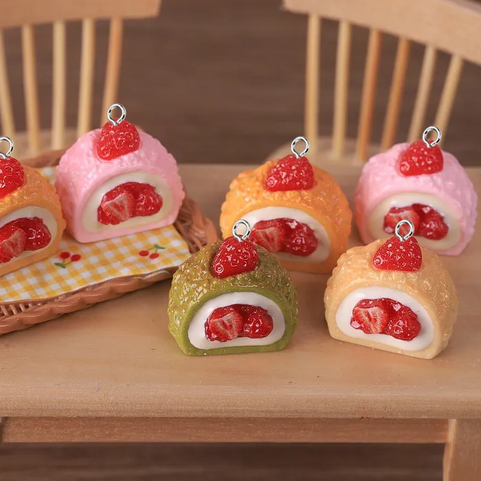 Authentic 4pcs Simulated strawberry cream cake DIY keychain pendant resin jewelry accessory